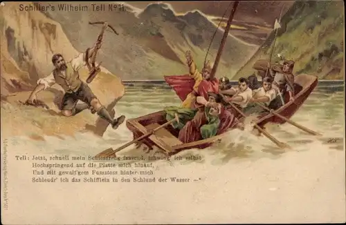 Litho Schiller's Wilhelm Tell, Jetzt, schnell mein Schießzeug fassend..., Krieger im Ruderboot