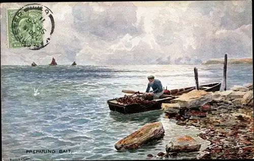 Künstler Ak Preparing Bait, Fischer, Fischernetz, Boot