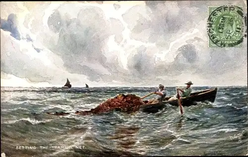 Künstler Ak Setting the Trammel Net, Fischer