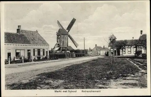 Ak Retranchement Sluis Zeeland, Markt met School, Molen