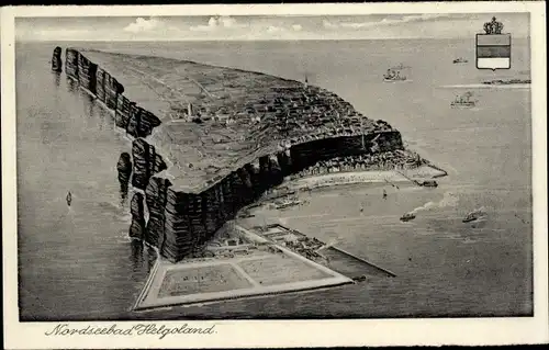 Ak Nordseeinsel Helgoland, Panorama, Schiffe, Wappen