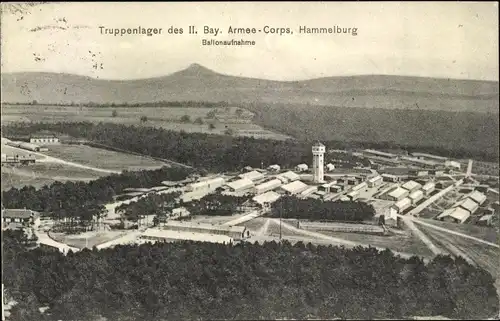 Ak Hammelburg in Unterfranken Bayern, Truppenlager des II. Bay. Armee-Corps, Ballonaufnahme