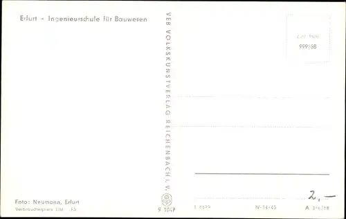 Ak Erfurt in Thüringen, Ingenieurschule für Bauwesen