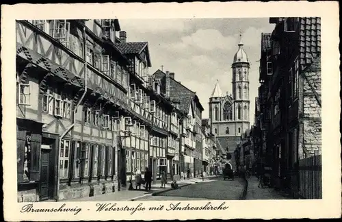 Ak Braunschweig in Niedersachsen, Weberstraße mit Andreaskirche, Fachwerkbauten