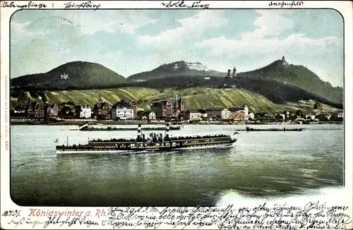 Ak Königswinter am Rhein, Drachenfels, Ort vom Wasser gesehen, Dampfer