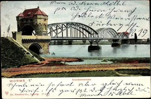 Ak Worms am Rhein, Eisenbahnbrücke, Gleise