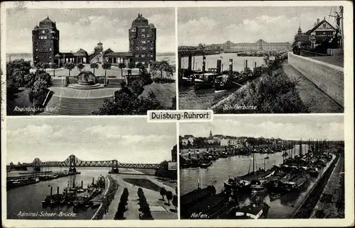 Ak Ruhrort Duisburg im Ruhrgebiet, Admiral-Scheer-Brücke, Hafen, Schifferbörse