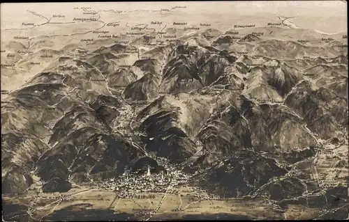 Landkarten Ak Freiburg im Breisgau, Panorama mit südl. Schwarzwald