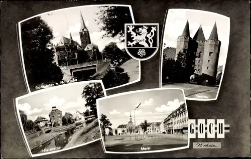 Ak Goch am Niederrhein, Markt, Steintor, Nierspartie, Stadtgarten mit Pfarrkirche, Wappen