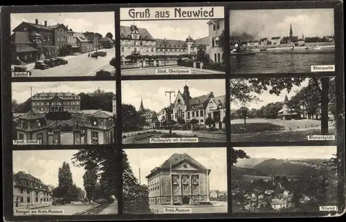 Ak Neuwied am Rhein, Kreis Museum, Rheinpartie, Bismarckplatz, Bahnhof, Fürstl. Schloss