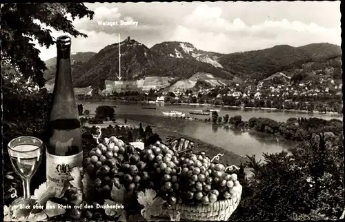 Ak Königswinter am Rhein, Drachenfels, Totalansicht vom Ort, Fluss, Wein