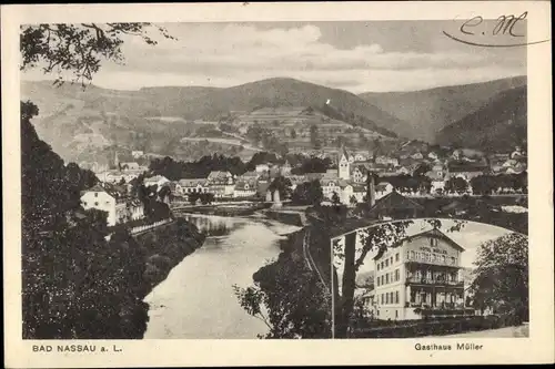 Ak Bad Nassau an der Lahn, Gasthaus Müller, Panorama der Stadt