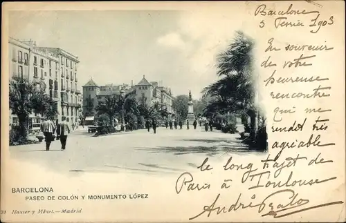 Ak Barcelona Katalonien Spanien, Paseo de Colón y Monumento López