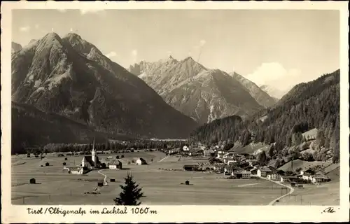 Ak Elbigenalp in Tirol, Totalansicht, Sonnenkogel, Die drei Felsen, Schlaf. Jungfrau