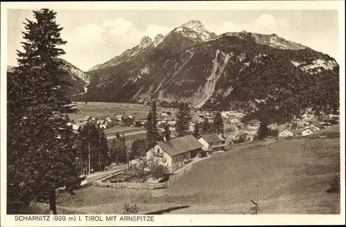 Ak Scharnitz in Tirol, Totalansicht mit Arnspitze