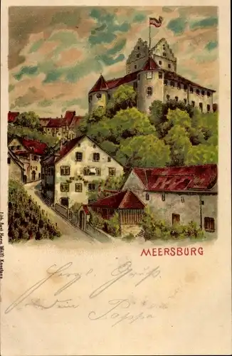 Litho Meersburg am Bodensee, Teilansicht mit Schloss