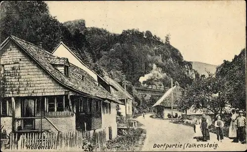 Ak Falkensteig Buchenbach im Schwarzwald, Teilansicht der Ortschaft, Höllental, Dampflok