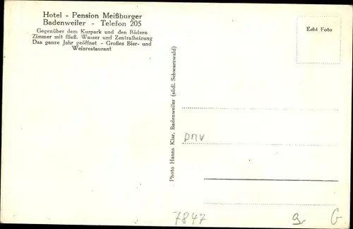 Ak Badenweiler im Schwarzwald, Hotel Pension Meißburger