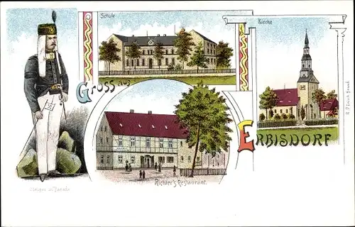 Litho Brand Erbisdorf in Sachsen, Bergmann, Richters Restaurant, Kirche, Schule