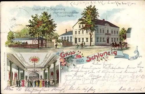 Litho Schlunzig Zwickau in Sachsen, Gasthof zu Schlunzig, Klatschschänke, Innenansicht