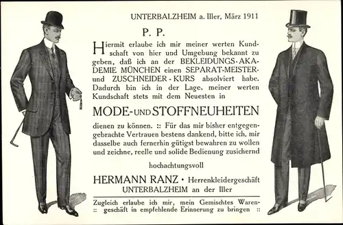 Ak Unterbalzheim Balzheim, Herrenkleidergeschäft Hermann Ranz, Reklame