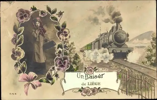 Ak Liège Lüttich Wallonien, Eisenbahn, Lokomotive, Frau, Stiefmütterchen