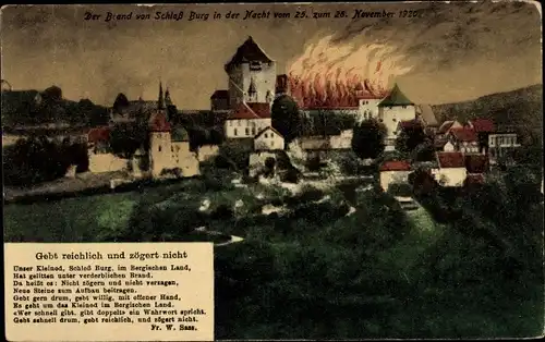 Ak Burg an der Wupper Solingen, Schloss Burg, Brand 1920