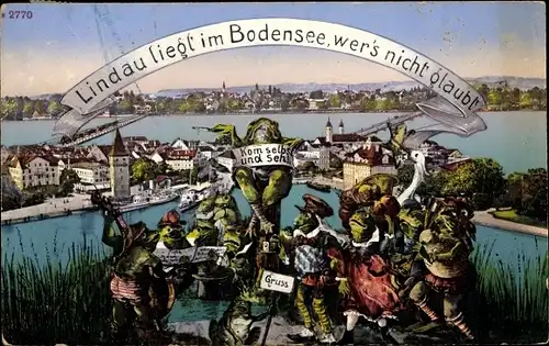 Ak Lindau im Bodensee, Stadtansicht, Hafen, vermenschlichte Frösche