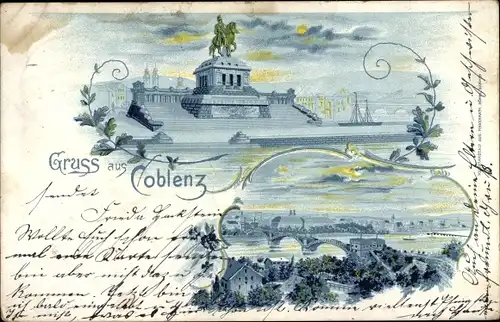 Mondschein Litho Koblenz am Rhein, Deutsches Eck, Denkmal, Stadtpanorama