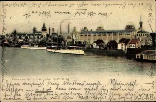 Ak Düsseldorf, Panorama der Ausstellung 1902, Dampfer