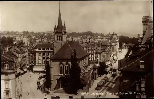 Ak Lausanne Kanton Waadt, Place et Eglise St. Francois, Straßenbahn