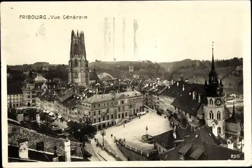 Ak Fribourg Freiburg Stadt Schweiz, Vue Generale, Teilansicht der Stadt, Platz, Kirche, Brunnen