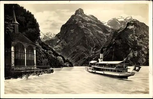 Ak Sisikon Kt. Uri Schweiz, Tellskapelle, Vierwaldstättersee, Dampfer