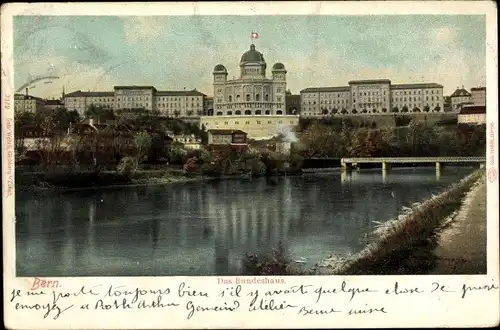 Ak Bern Schweiz, Bundeshaus, Brücke