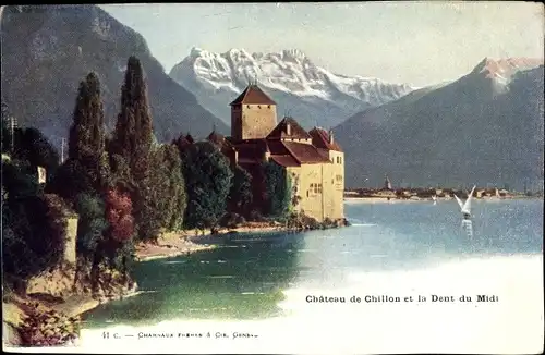 Ak Chillon Montreux Kanton Waadt, Chateau de Chillon et la Dents du Midi