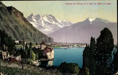 Ak Chillon Montreux Kanton Waadt, Chateau de Chillon et la Dents du Midi