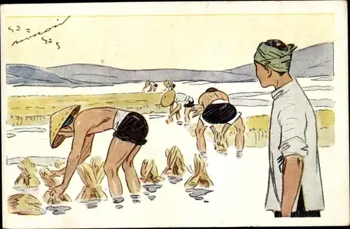 Künstler Ak Vietnam, Le Riz d'Indo-Chine, Arrachage avant repiquage, Feldarbeit