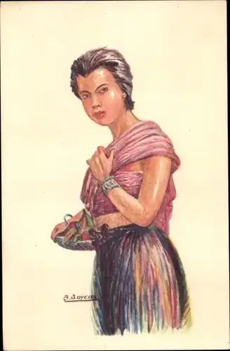 Künstler Ak Joyeux, B., Portrait einer Frau in Tracht, Korb, Cambodgienne
