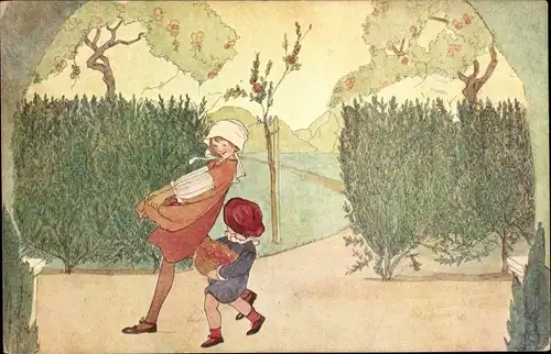 Künstler Ak Cramer, Rie, Lentebloemen, Oogst, Kinder mit Äpfeln