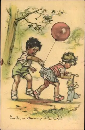 Künstler Ak Bouret, Germaine, Junge hängt Luftballon an Rock von einem Mädchen