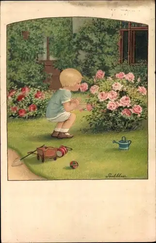 Künstler Ak Ebner, Pauli, Kind riecht an Rosen