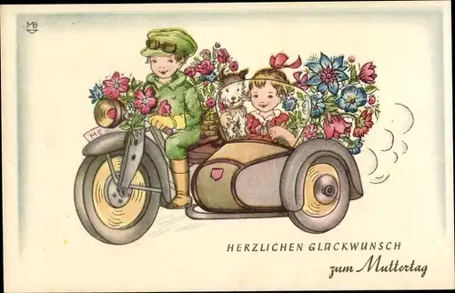 Künstler Ak Glückwunsch Muttertag, Gratulanten, Kinder, Motorrad, Hund, Blumen