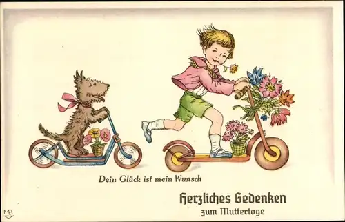 Künstler Ak Glückwunsch Muttertag, Kind und Hund fahren Roller, Gratulanten, Blumen