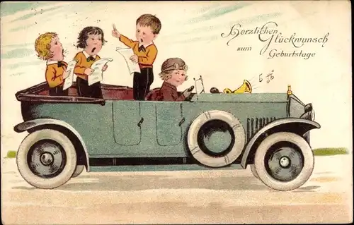 Ak Glückwunsch Geburtstag, Singende Kinder fahren Auto
