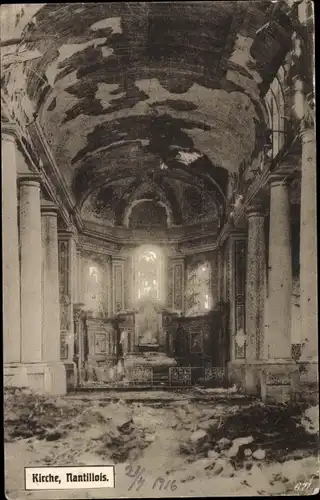 Ak Mantilly Mantillois Orne, Zerstörte Kirche, I. WK