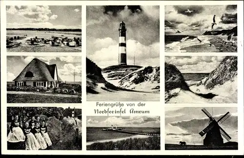 Ak Insel Amrum in Nordfriesland, Leuchtturm, Dünen, Windmühle, Frauen in Trachten, Haus mit Reetdach