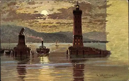 Künstler Ak Heilinger, Lindau im Bodensee, Hafeneinfahrt, Leuchtturm