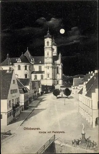 Mondschein Ak Ottobeuren in Oberschwaben Allgäu, Kirche mit Marktplatz