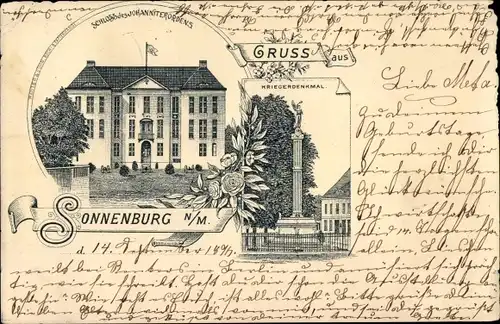 Litho Słońsk Sonnenburg Neumark Ostbrandenburg, Schloss des Johanniterordens, Kriegerdenkmal