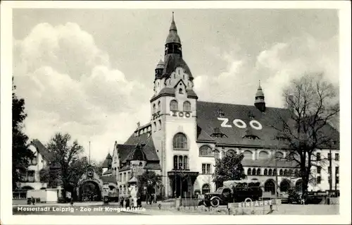 Ak Leipzig in Sachsen, Zoo mit Kongreßhalle, Fahrzeuge, Besucher